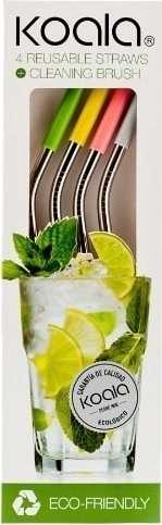 Koala Nerezová brčka zahnutá, s rozlišovačem a kartáčkem, 4 ks