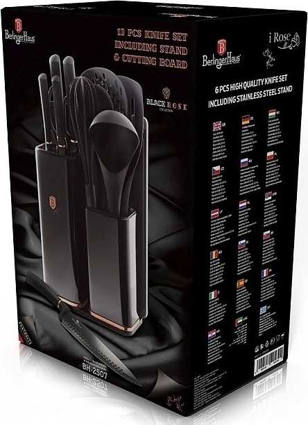 Berlingerhaus Sada nožů ve stojanu + kuchyňské náčiní a prkénko sada 13 ks Black Rose Collection
