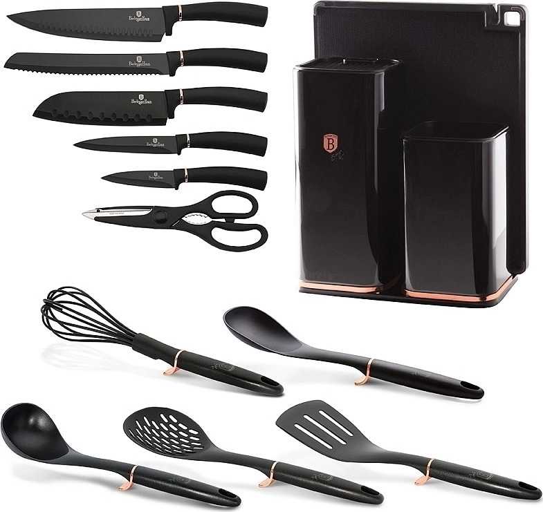 Berlingerhaus Sada nožů ve stojanu + kuchyňské náčiní a prkénko sada 13 ks Black Rose Collection