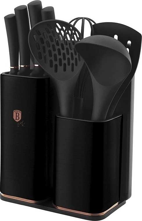Berlingerhaus Sada nožů ve stojanu + kuchyňské náčiní a prkénko sada 13 ks Black Rose Collection
