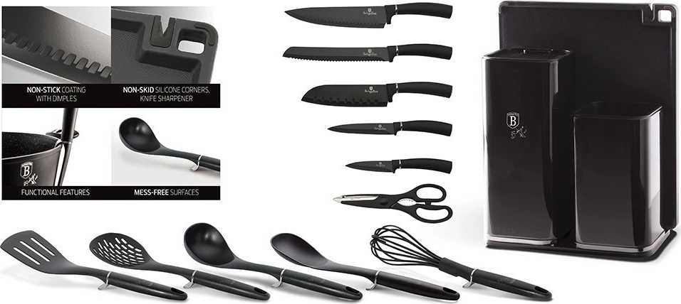 Berlingerhaus Sada nožů ve stojanu + kuchyňské náčiní a prkénko sada 13 ks Carbon Metallic Line 