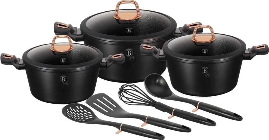 Berlingerhaus Sada hrnců s mramorovým povrchem 10 ks Black Rose Collection 