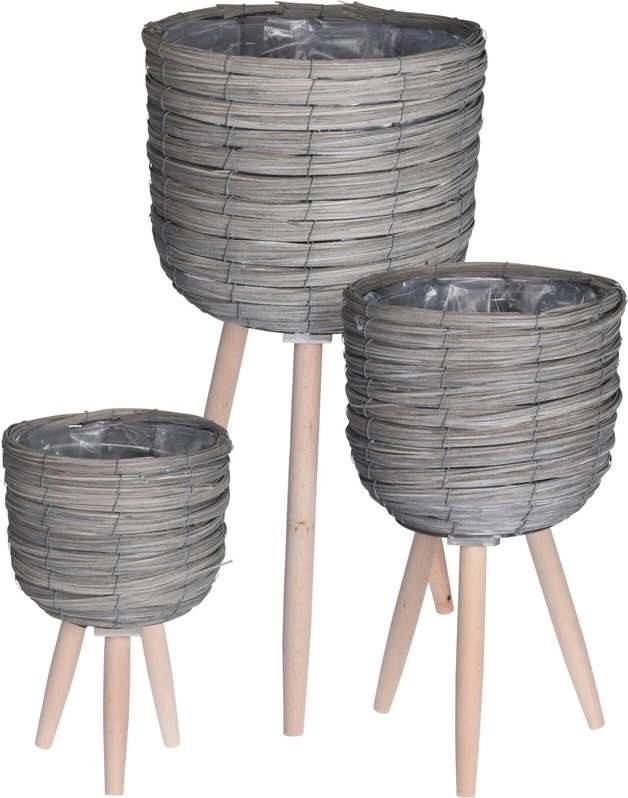 Progarden Květináč pletený na dřevěných nohách sada 3 ks šedá