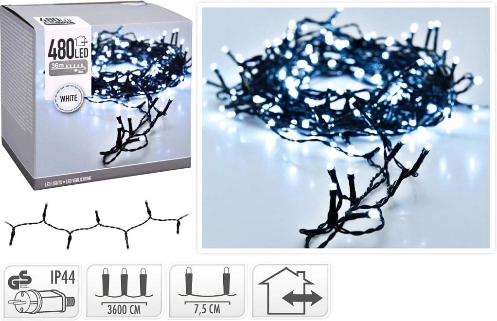 Homestyling Vánoční světelný řetěz studená bílá 480 LED / 36 m