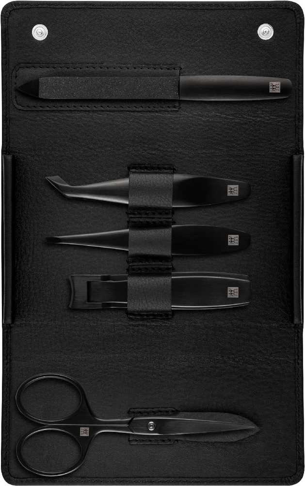 Zwilling Pánská manikúra Premium Black s nůžkami a štípátkem, čená kůže, 5 ks