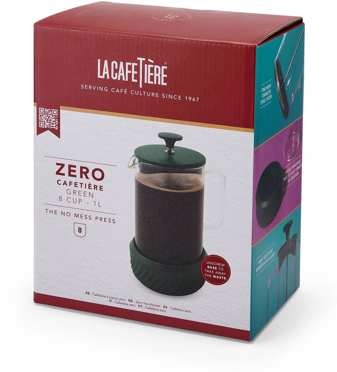 La Cafetière Zero Skleněný French Press, zelená, 1 l, pro 8 šálků