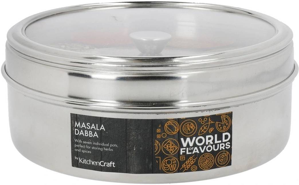 KitchenCraft World of Flavours Indická nerezová dóza na koření Masala Dabba, 17 cm
