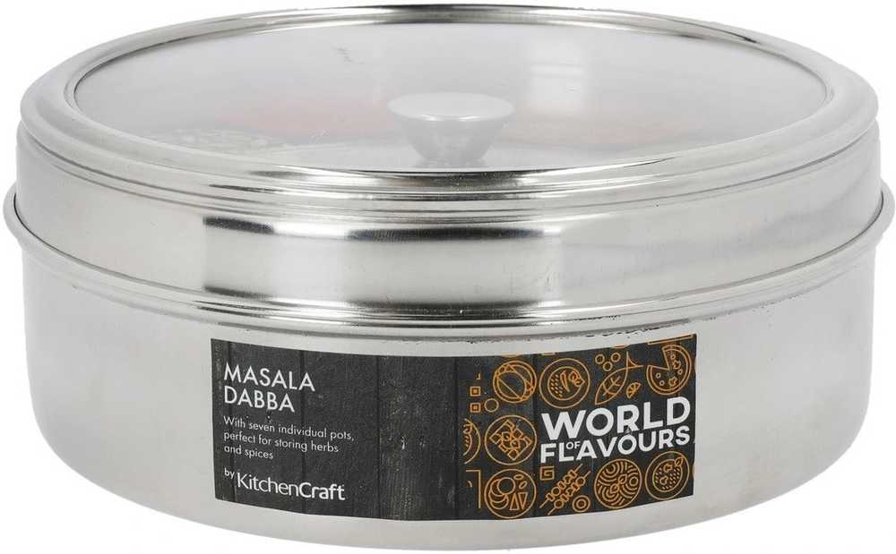 KitchenCraft World of Flavours Indická nerezová dóza na koření Masala Dabba, 17 cm