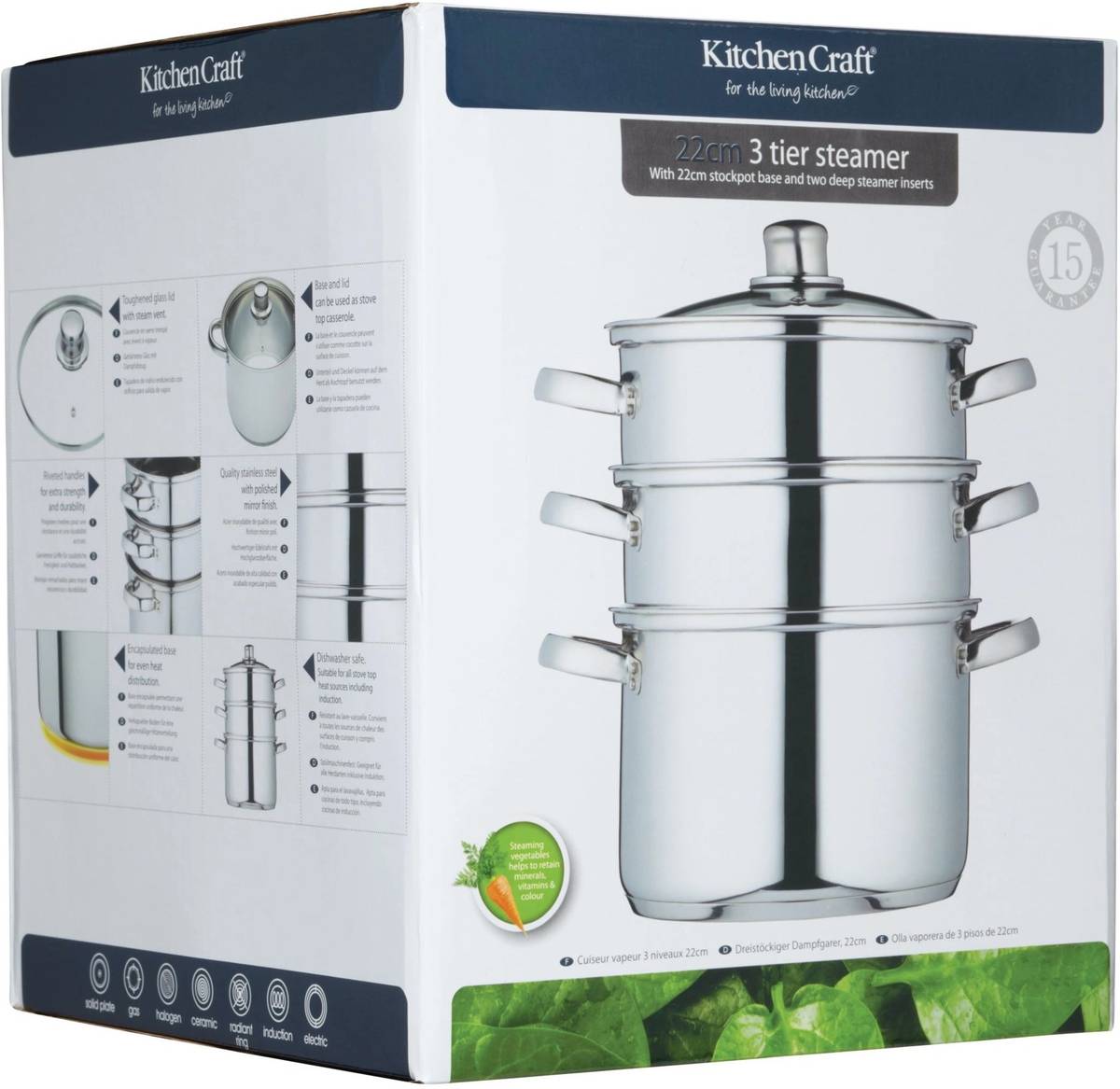 KitchenCraft Nerezový parní hrnec, se třemi úrovněmi, 22 cm
