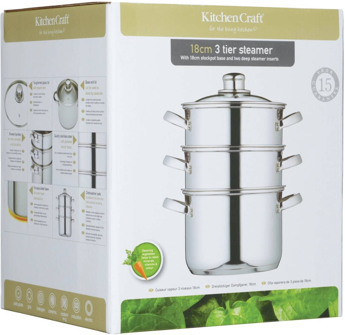 KitchenCraft Nerezový parní hrnec, se třemi úrovněmi, 18 cm
