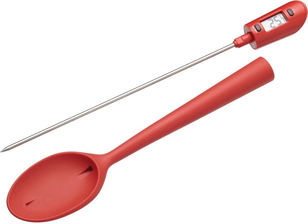 KitchenCraft Silikonová lžíce se zabudovaným teploměrem, červená