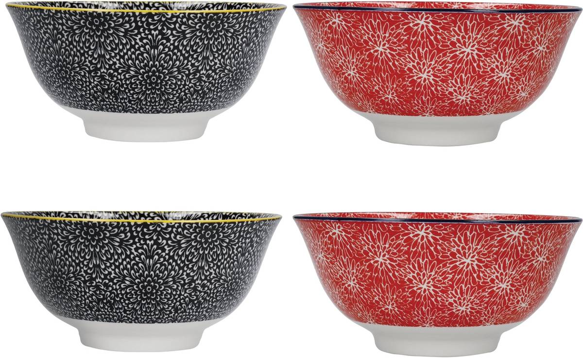 KitchenCraft Sada kameninových misek Red & Black, 4 ks, 15.5 cm x 7.5 cm