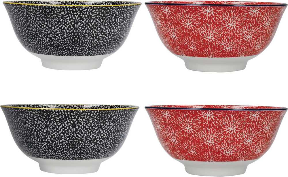 KitchenCraft Sada kameninových misek Red & Black, 4 ks, 15.5 cm x 7.5 cm