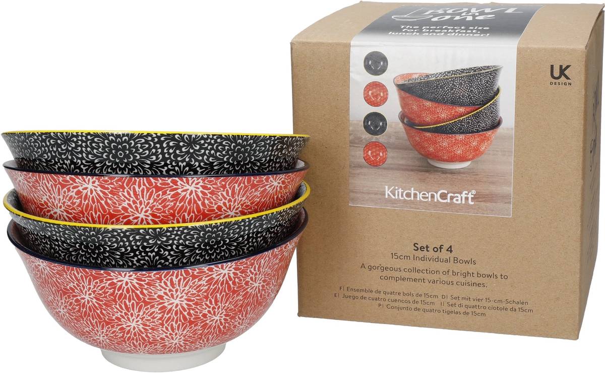 KitchenCraft Sada kameninových misek Red & Black, 4 ks, 15.5 cm x 7.5 cm