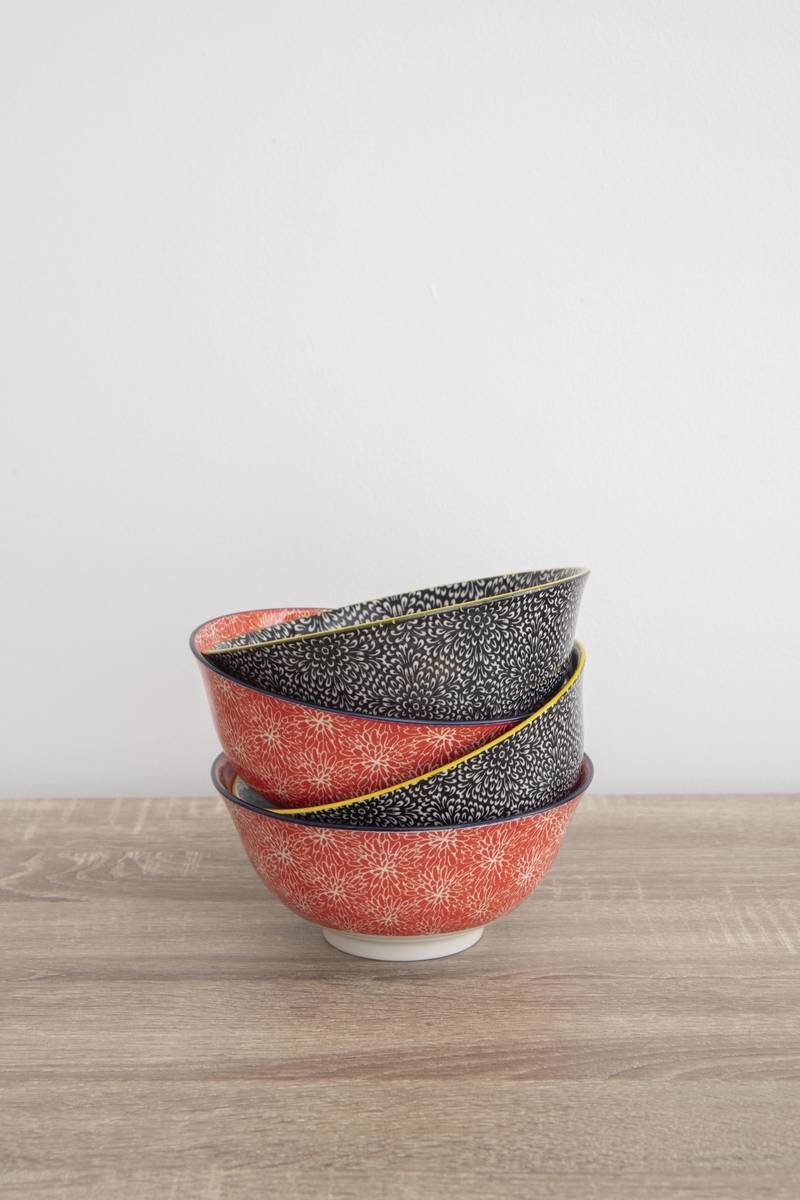 KitchenCraft Sada kameninových misek Red & Black, 4 ks, 15.5 cm x 7.5 cm