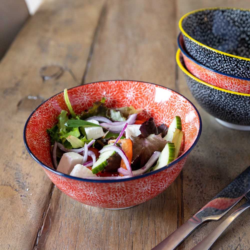 KitchenCraft Sada kameninových misek Red & Black, 4 ks, 15.5 cm x 7.5 cm