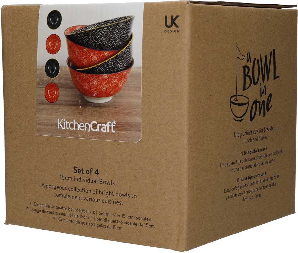 KitchenCraft Sada kameninových misek Red & Black, 4 ks, 15.5 cm x 7.5 cm