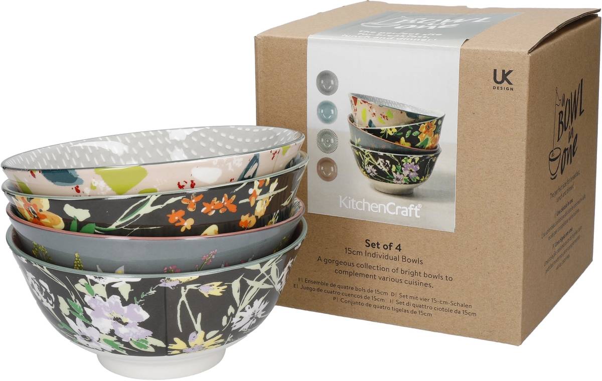 KitchenCraft Sada kameninových misek Floral, 4 ks, 15.5 x 7.5 cm