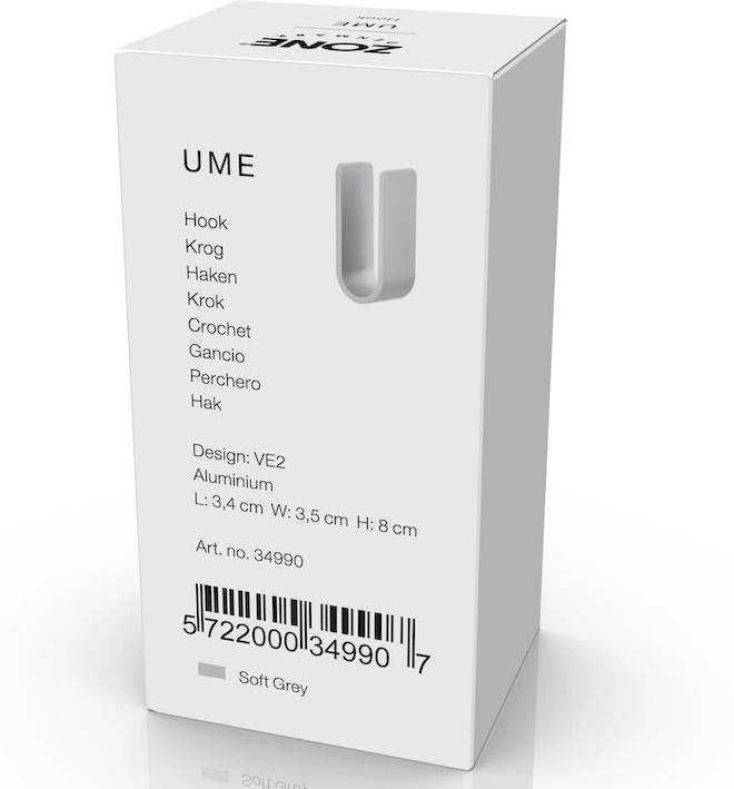 Zone Denmark Kovový háček na zeď Ume Soft Grey